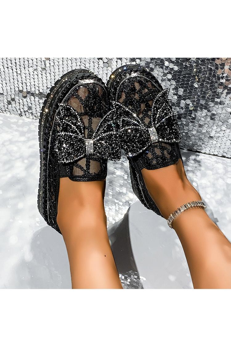 Strass Schleifen Dekor Mesh Runde Zehen Freizeit Plateau Slipper