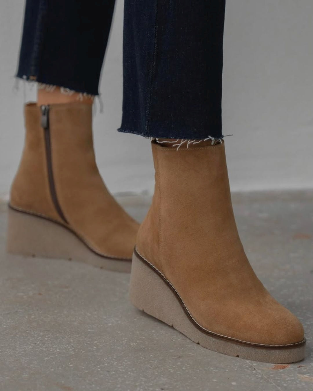 Vintage Keilabsatz Wildleder Seitenreißverschluss Plateau Einfarbige Knöchelstiefel [Vorbestellung]