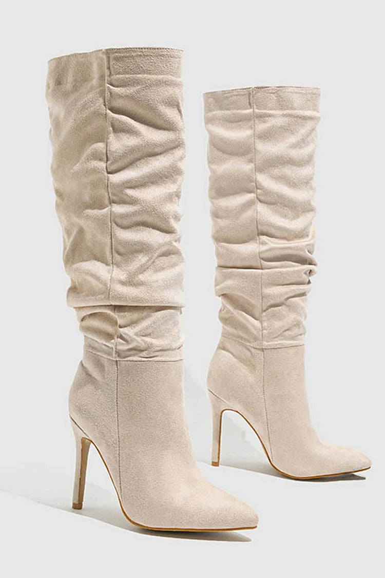 Solid Color Pointed Toe Stiletto Heel Pull On Slouch Knee High Boots