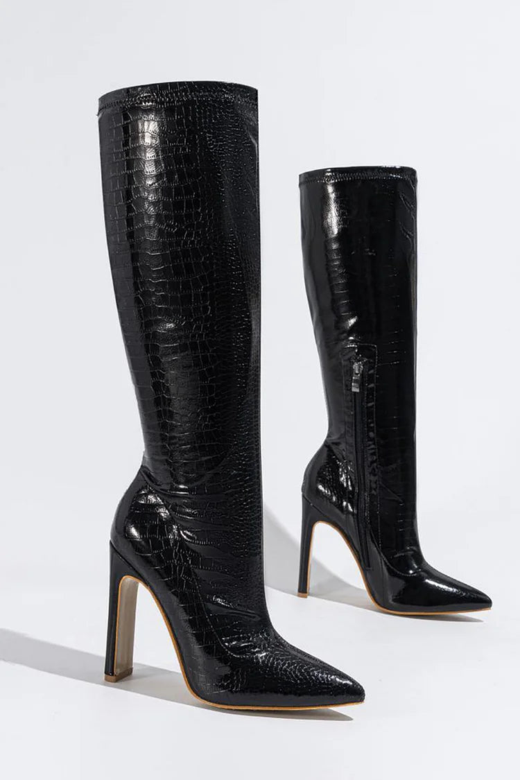 Crocodile Print Zipper Pointed Toe Chunky Heel Knee High Boots