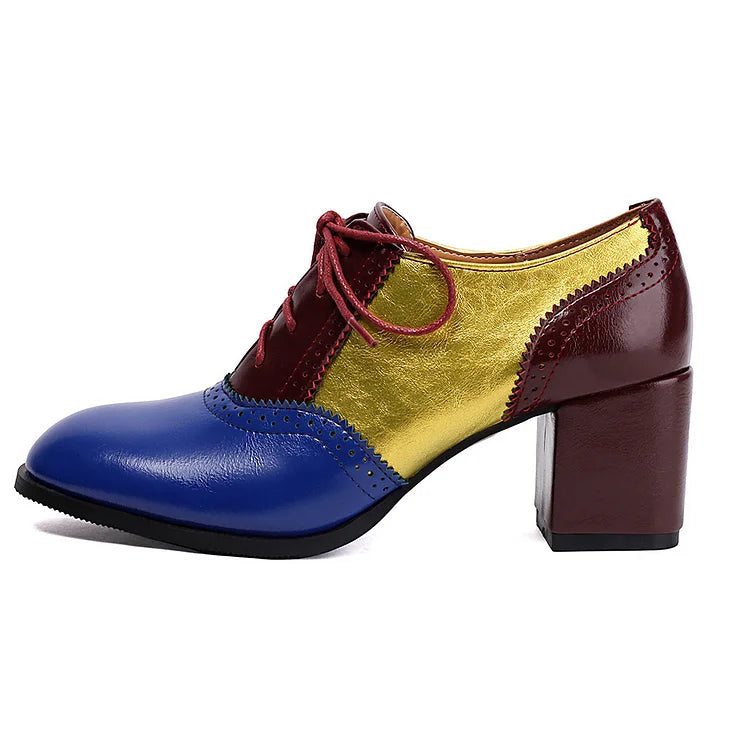 Lace Up Colorblock Round Toe Chunky Heel Brogue Oxfords