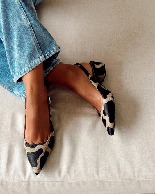 Klassisk ko-mønster spids tå slingback blokhæl [Forudbestilling]