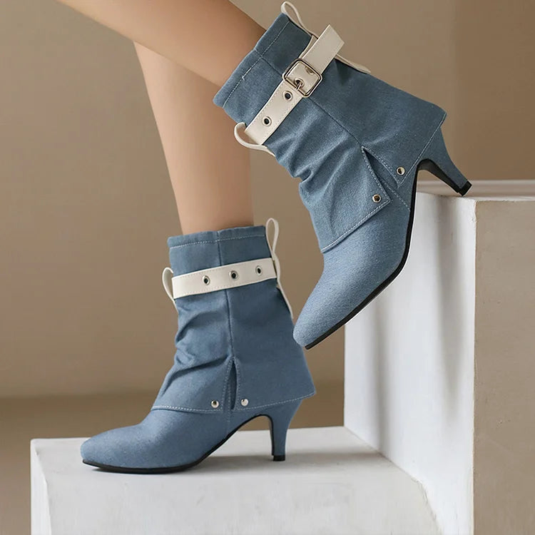 Colorblock Strap Buckle Fold Over Pointed Toe Kitten Heel Ankle Boots