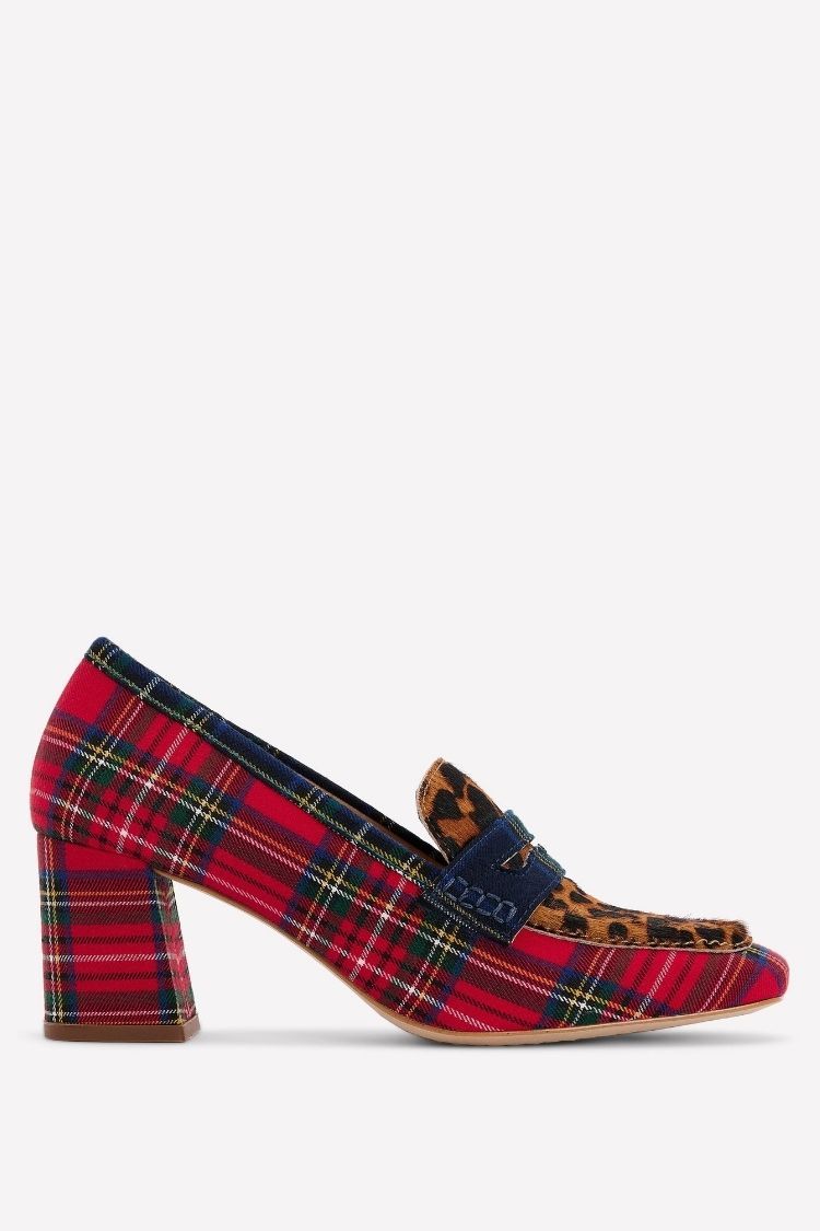 Scarpe con tacco a blocco e stampa leopardata a quadri rossi [Pre-ordine]