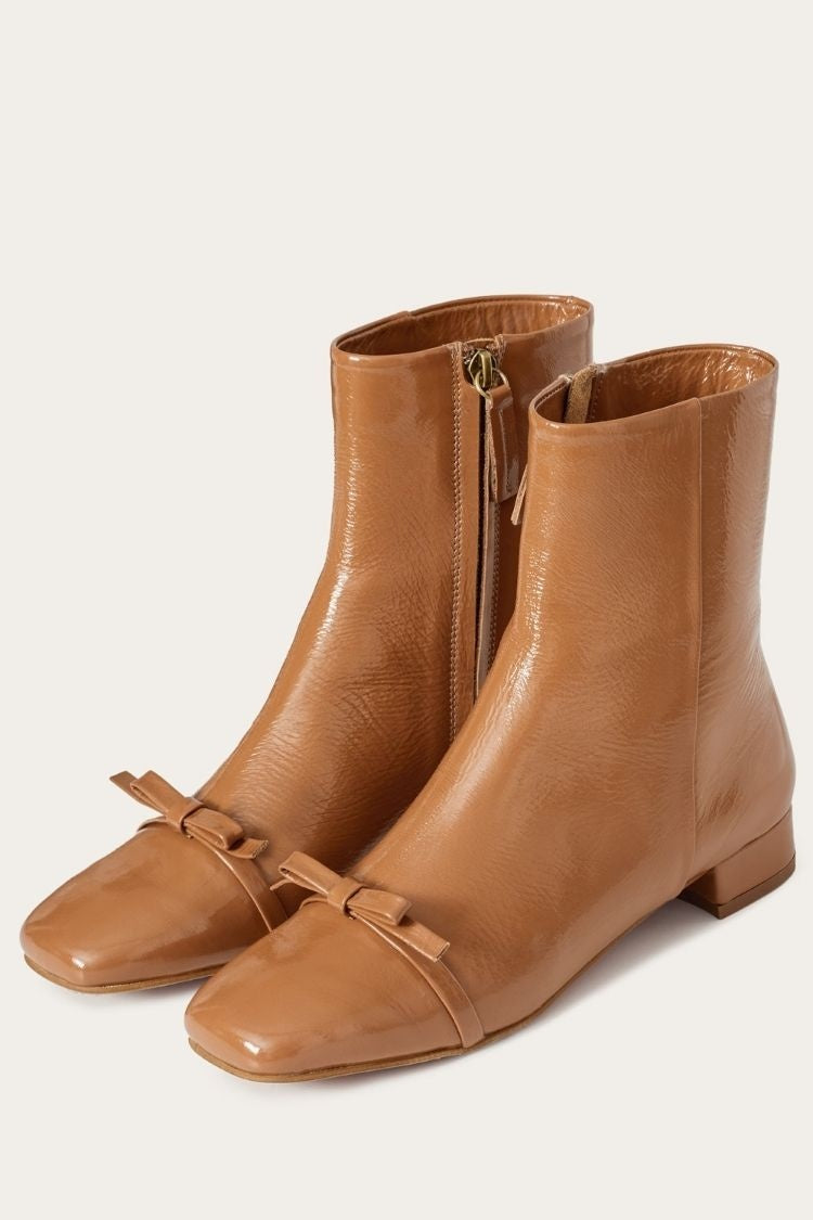 Botas de Tornozelo com Laço, Biqueira Quadrada em Couro Tan [Pré-Encomenda]