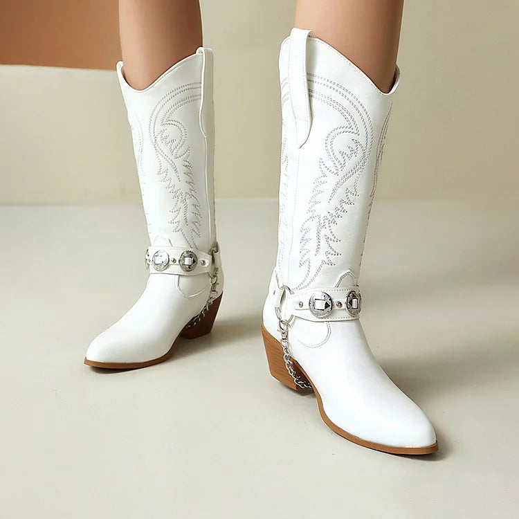 Embroidery O-Ring Chain Decor Pointed Toe Chunky Heel Mid Calf Boots