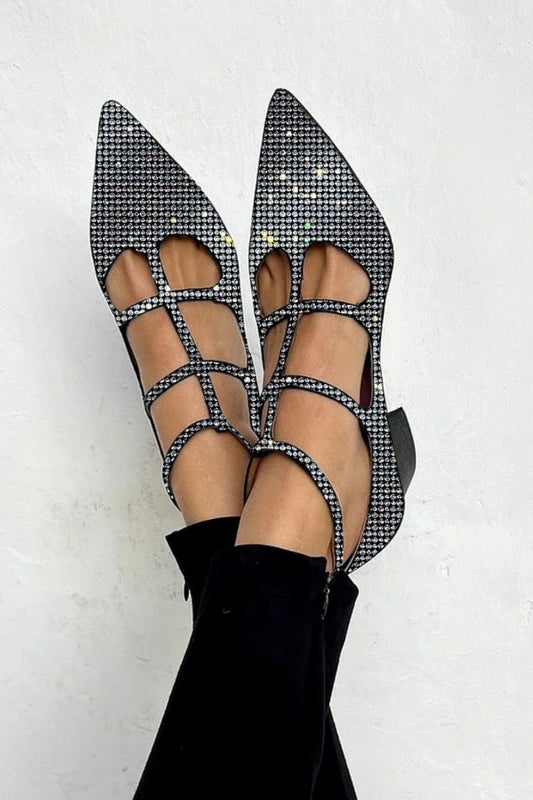 Funkelnde Strass-Spitzzehen-Sandaletten mit Kreuzriemen und mittelhohem Absatz [Vorbestellung]