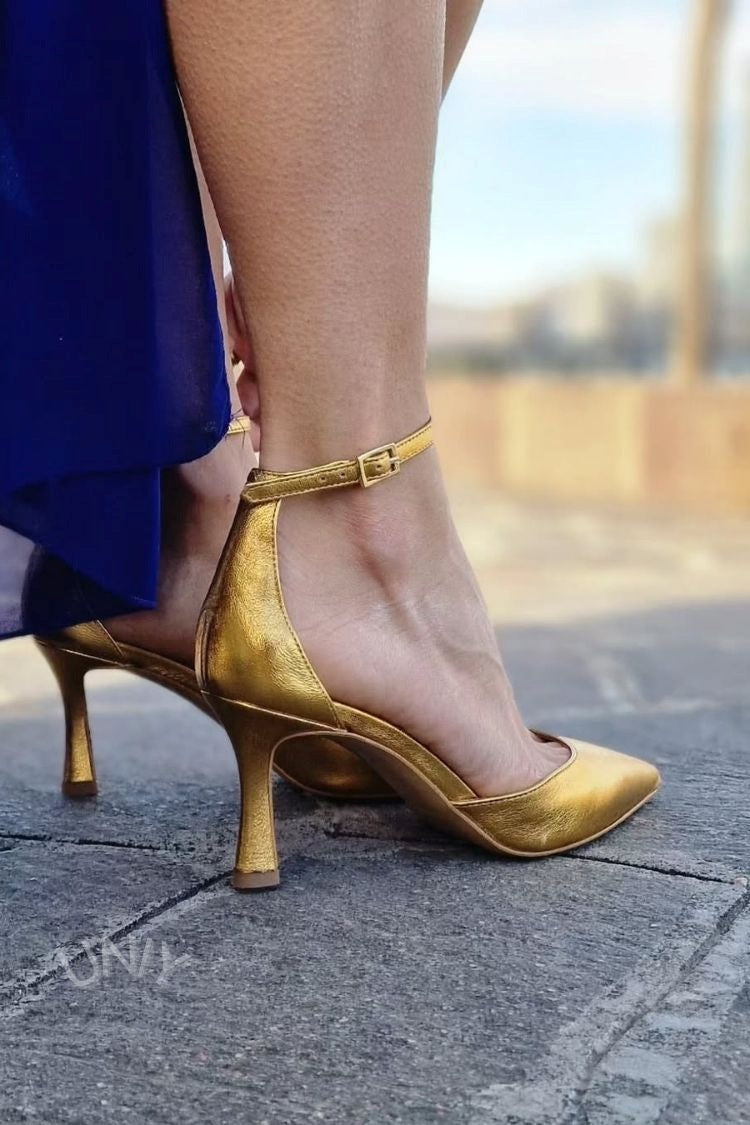 Metallic Gold spitze Zehen Knöchelriemen Stiletto Heels [Vorbestellung]