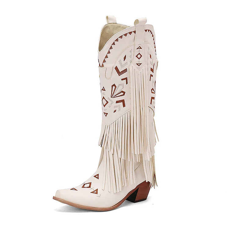 Tribal Pattern Embroidery Fringe Pointed Toe Chunky Heel Western Boots