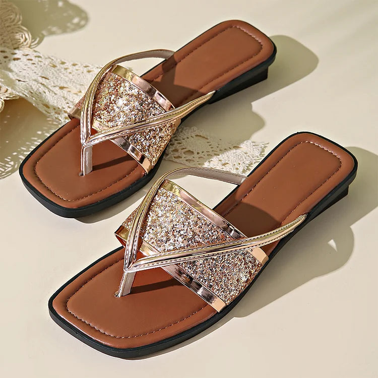 Metallic schimmernde glitzernde Flip-Flops mit quadratischer Spitze, lässige Hausschuhe