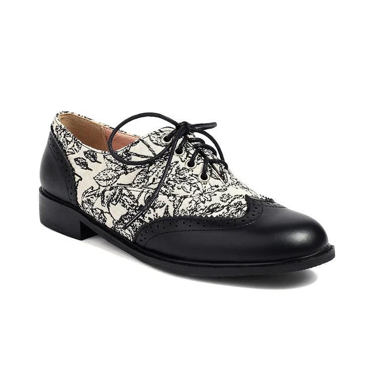 Floral Pattern Canvas Patchwork Lace Up Round Toe Casual Oxfords