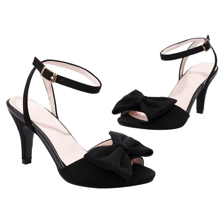 Bow Trim Peep-Toe Ankle Strap Mid Heel Stilettos