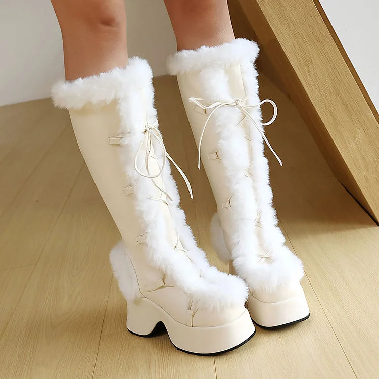 Fluffy Trim Lace Up Round Toe Chunky Heel Platform Snow Boots