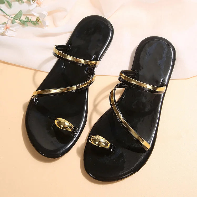 Metallic Sheen Patchwork Colorblock Toe Ring Casual Slippers