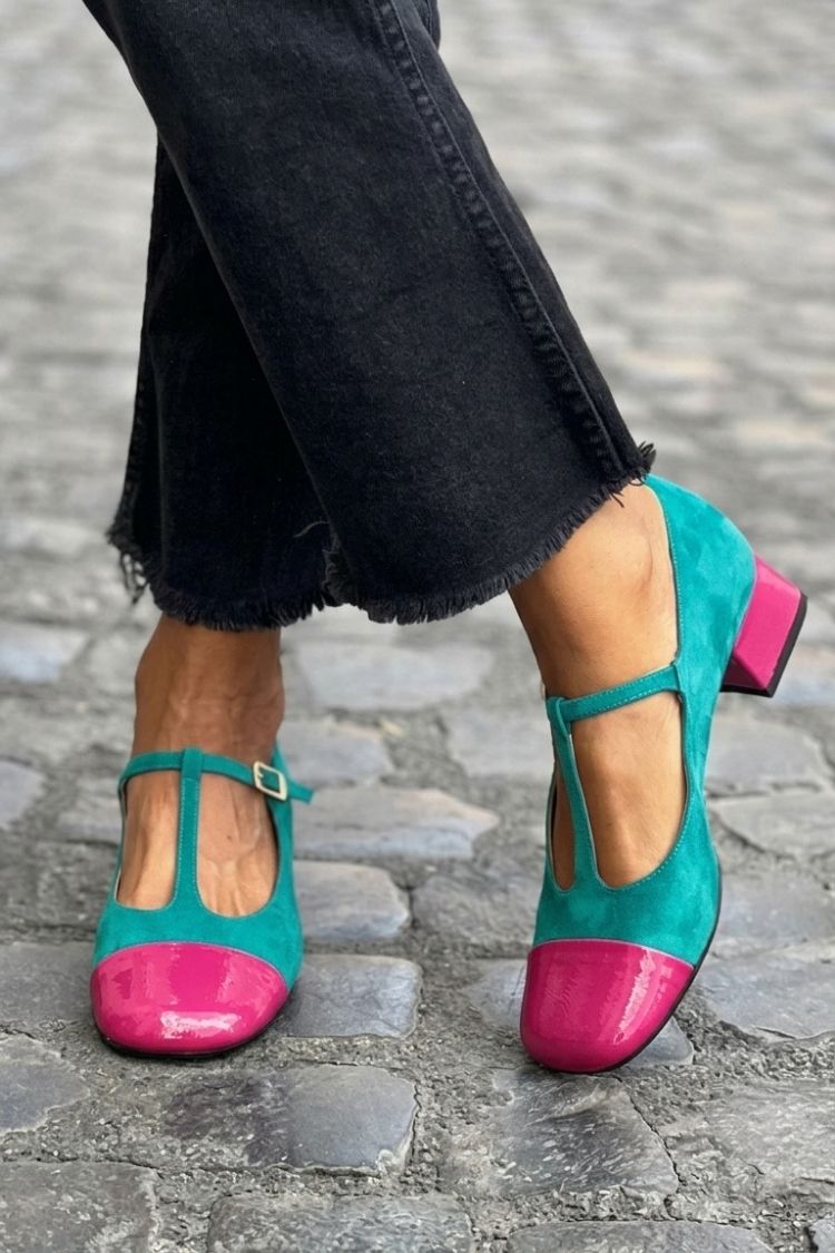 Colorblock T-Strap Buckle Round Toe Purple Chunky Heels