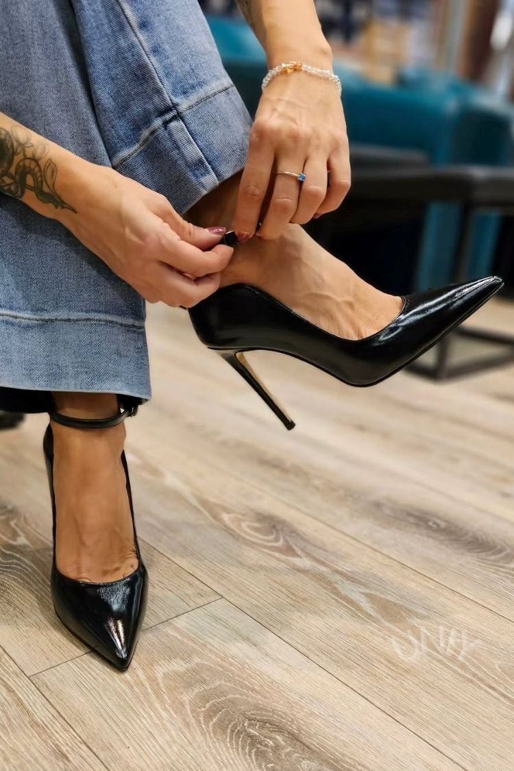 Black Patent Pointed Toe Ankle Strap Stiletto Heels [Pre Order]