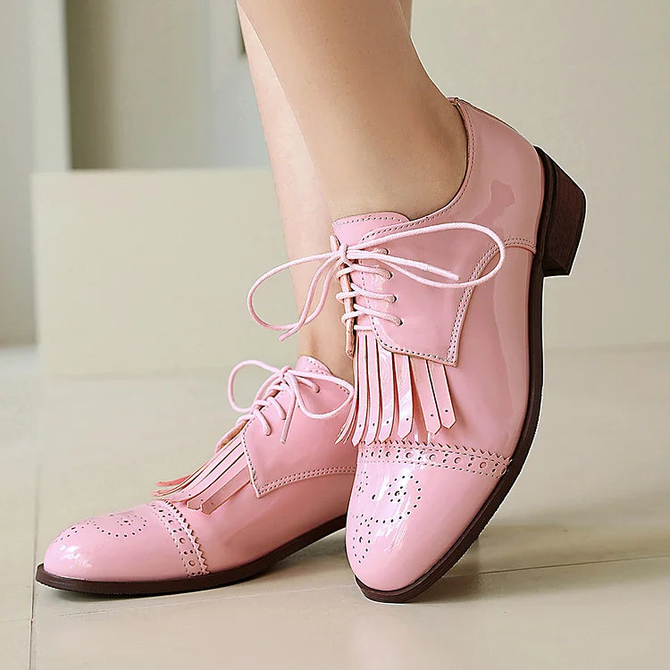 Oxfords z okrągłym noskiem, sznurowane, z ozdobnym frędzlem w jednolitym kolorze