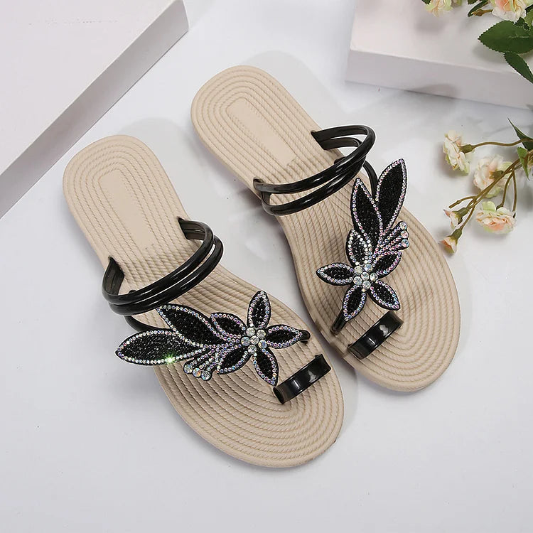 Pierścionek na palec z dekoracją z kryształków w kształcie kwiatu, casualowe sandały plażowe