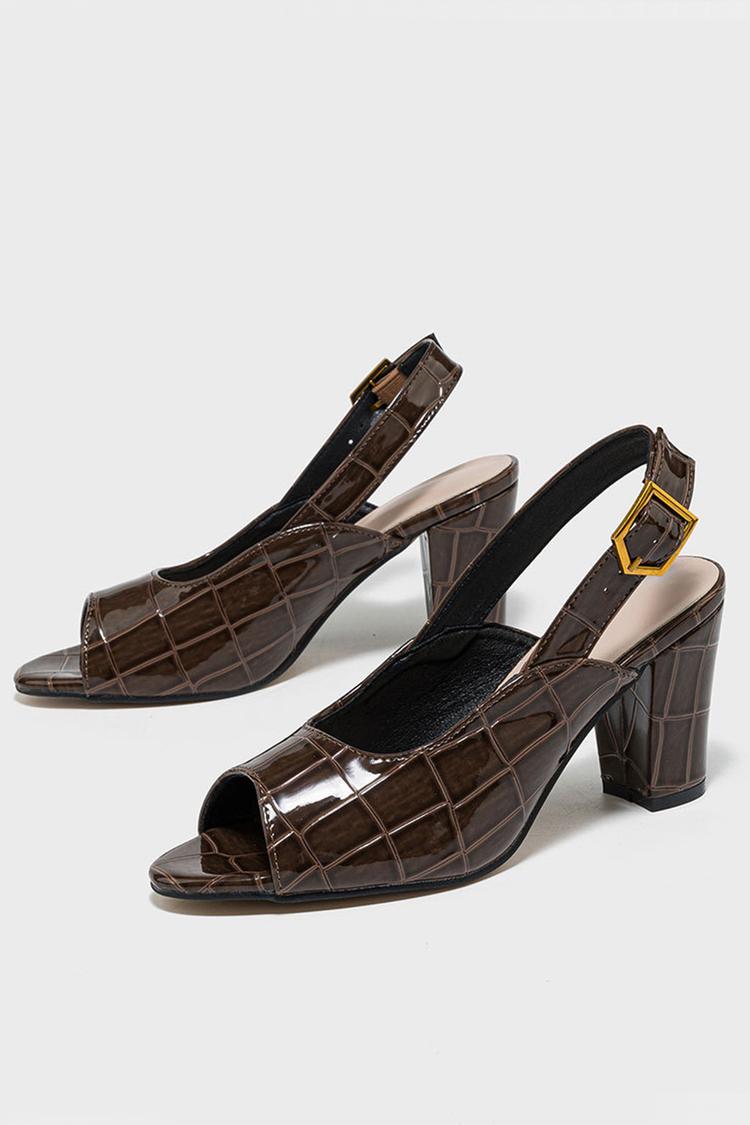 Scarpe con tacco grosso, cinturino con fibbia e stampa coccodrillo con punta aperta