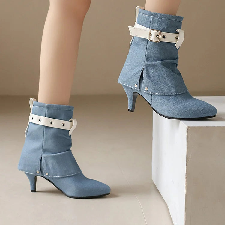 Colorblock Strap Buckle Fold Over Pointed Toe Kitten Heel Ankle Boots