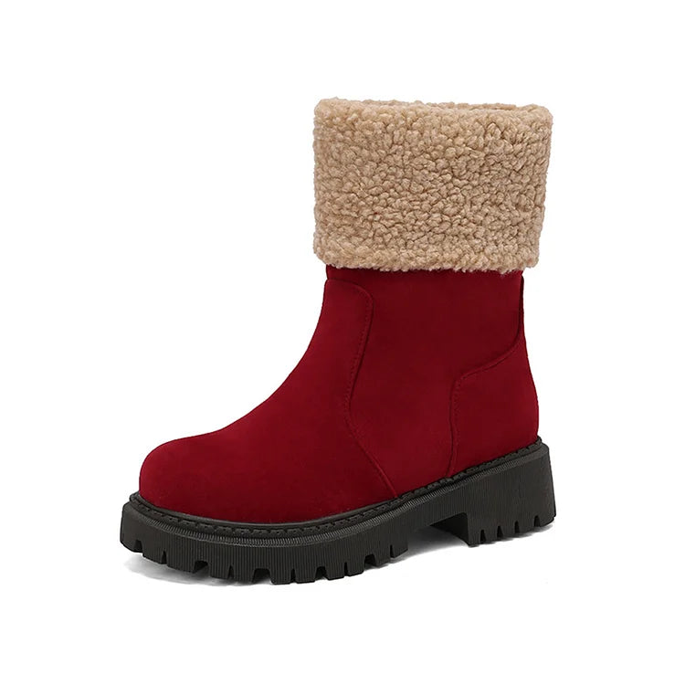 Patchwork Fluffy Trim Round Toe Chunky Heel Pull On Snow Boots