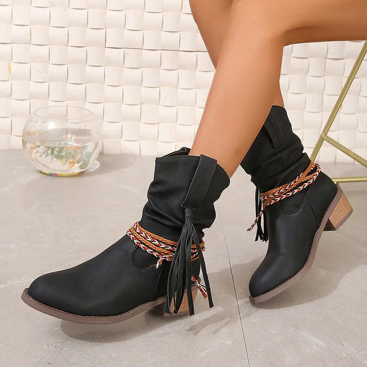 Braided Rope Tassel Decor Slouch Pointed Toe Chunky Heel Ankle Boots