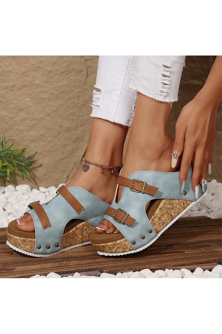 Pantofole casual con zeppa, punta rotonda, due cinturini e fibbie colorblock 