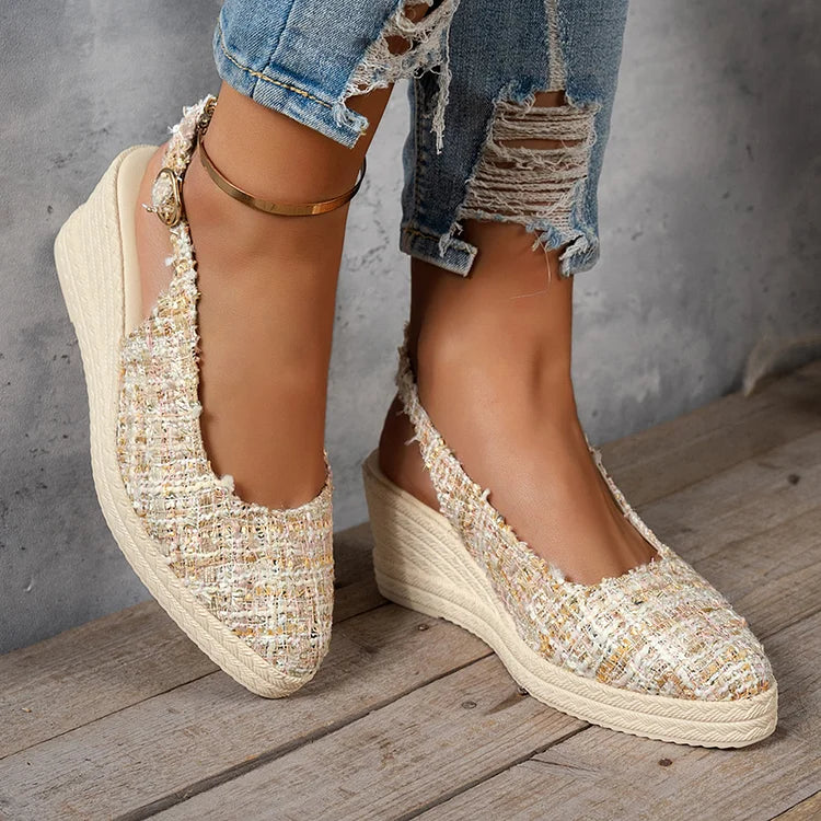 Raw Trim Pointed Toe Slingback Strap Buckle Wedge Sandals