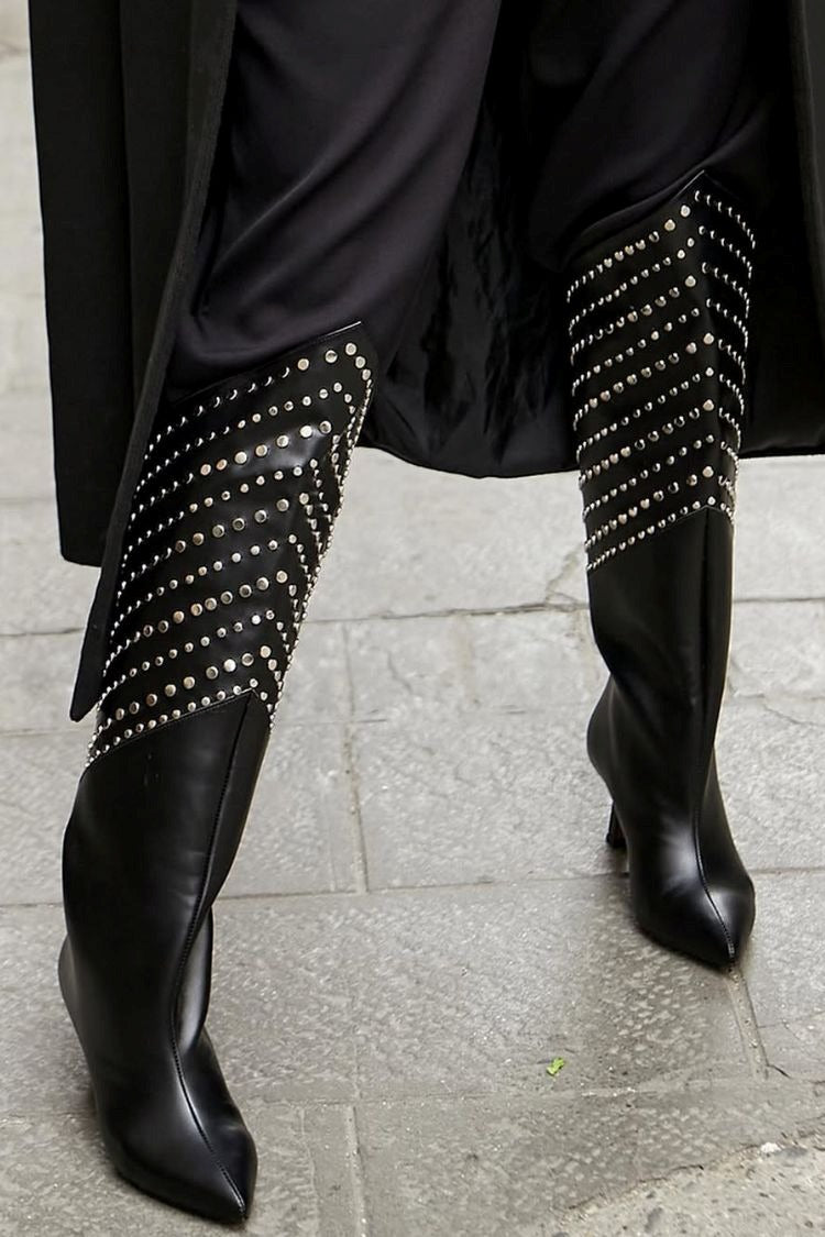 Black Studded Pointed Toe Front High Back Low Mid Heel Boots [Pre Order]
