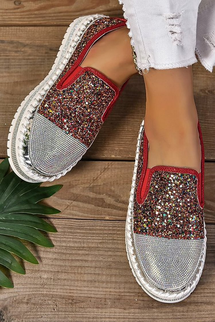 Rhinestone Decor Glittering Stitch Detail Round Toe Loafers