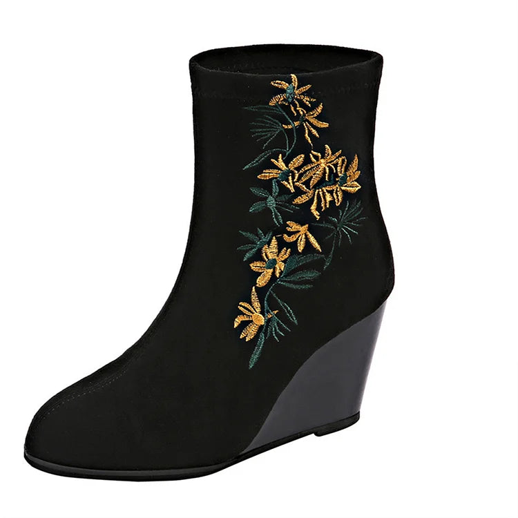 Floral Embroidery Round Toe Wedge Heel Pull On Ankle Boots