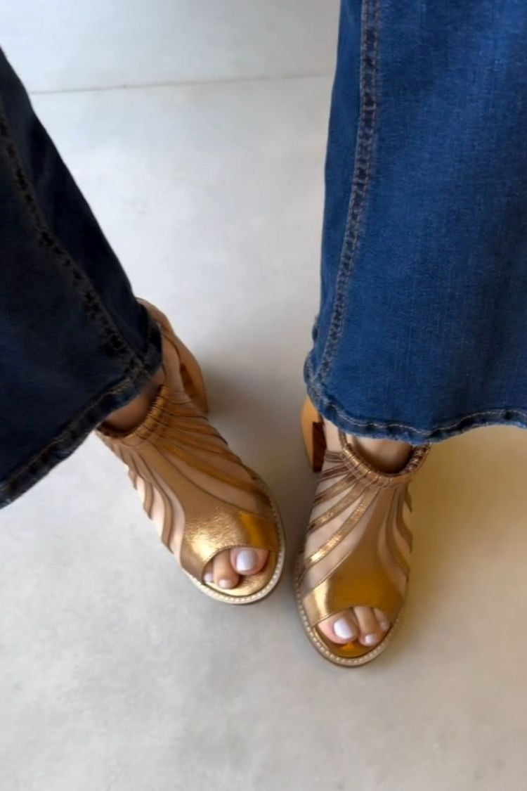 Gold Woven Strap Open Toe Ankle Strap Block Sandals