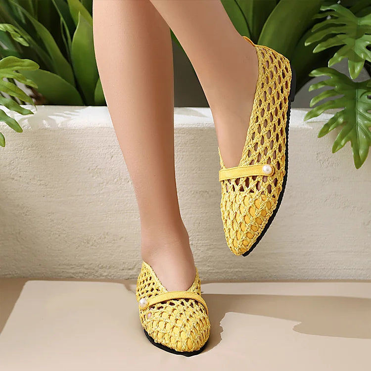 Patchwork Hollow Out Fishnet Instep Strap Pointed Toe Flats