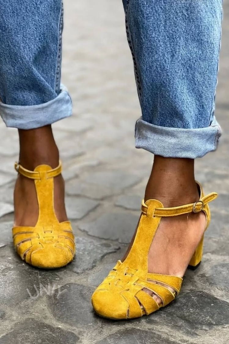 Chic Faux Suede Woven T-Strap Chunky Heel Pumps [Pre Order]