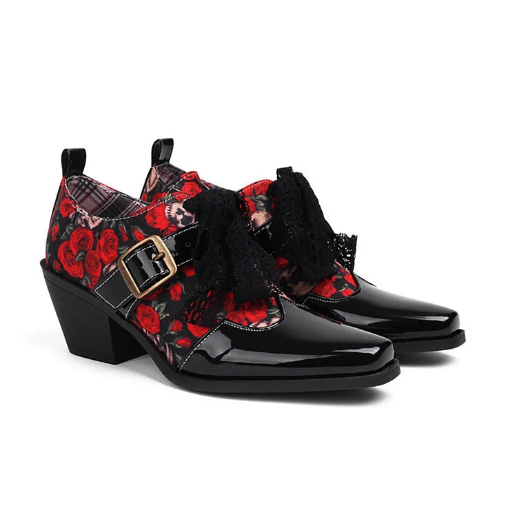 Zapatos Oxford con tacón grueso y punta cuadrada, con encaje atado y estampado de calaveras y rosas 