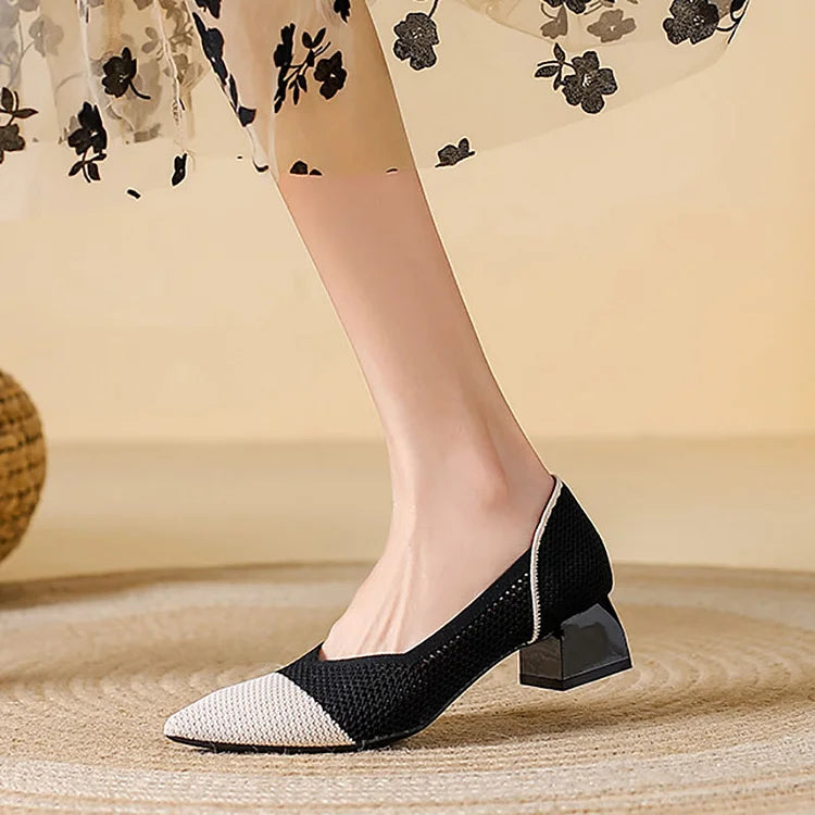 Knit Mesh Color Block Pointed Toe Elegant Chunky Heels