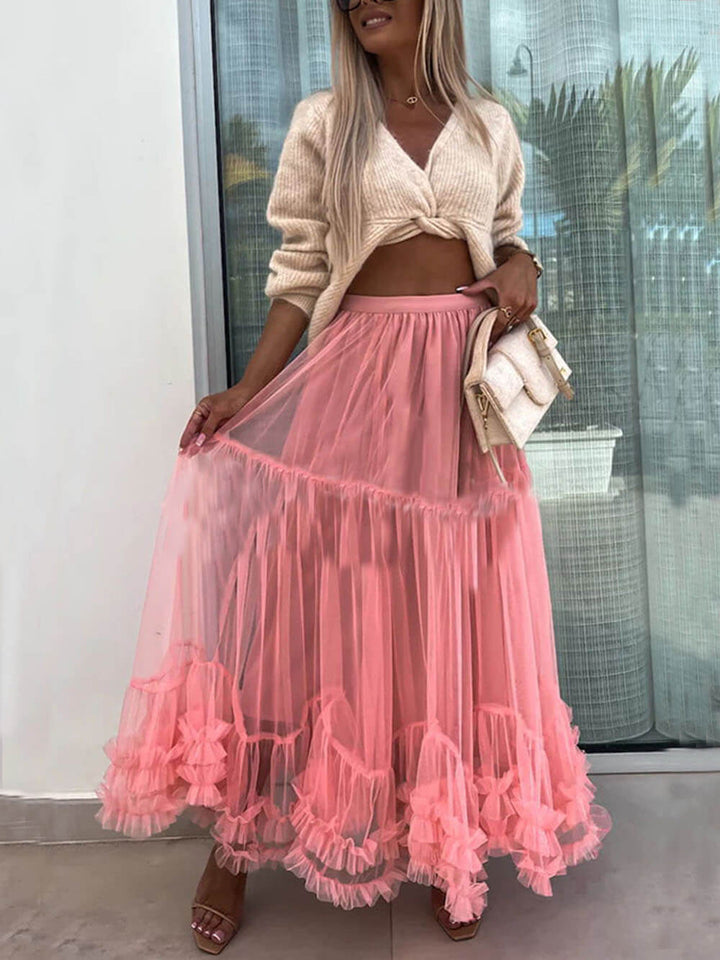 Elegant Tulle Stretch Waist Paneled Pleated Maxi Skirt