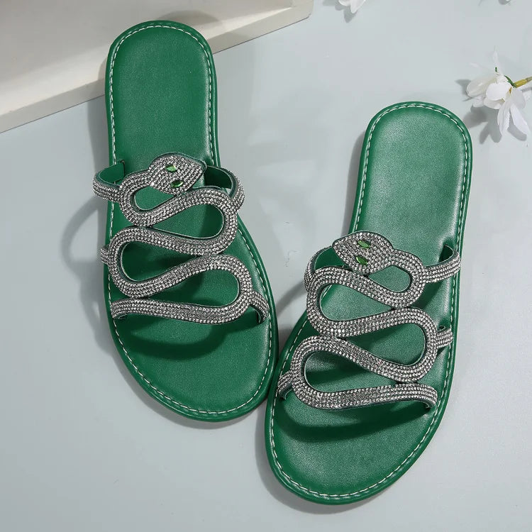 Pantuflas con punta redonda y correa en forma de serpiente con diamantes de imitación 