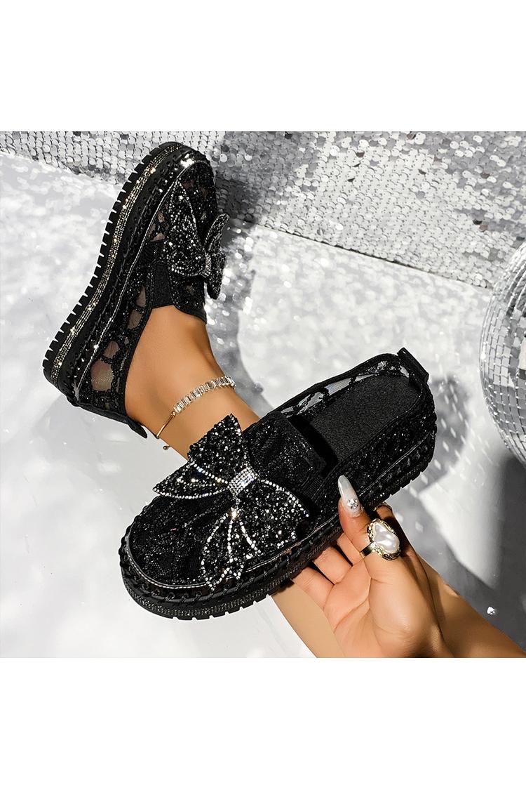 Strass Schleifen Dekor Mesh Runde Zehen Freizeit Plateau Slipper
