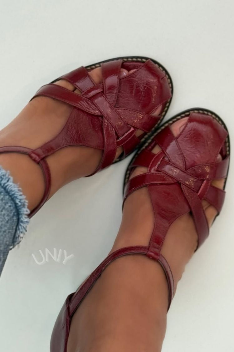 Burgundy Patent Leather T-Strap Woven Block Heel Sandals [Pre Order]