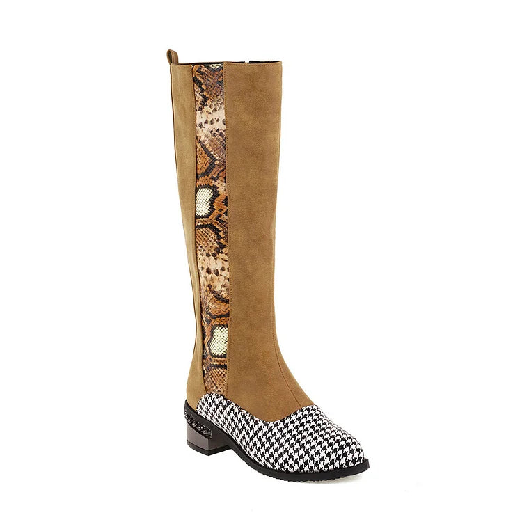 Animal Print Patchwork Pointed Toe Chunky Heel Knee High Boots