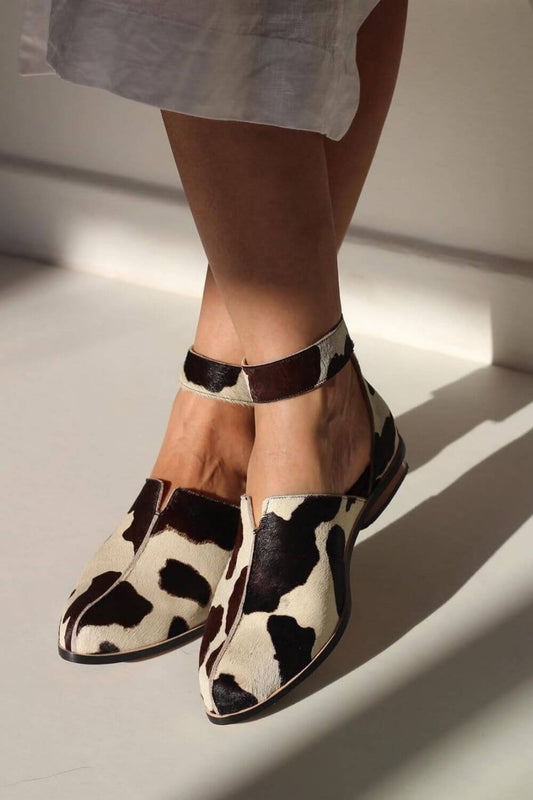 Cow Print Faux Fur Ankle Strap Pointy Toe Flats [Pre Order]