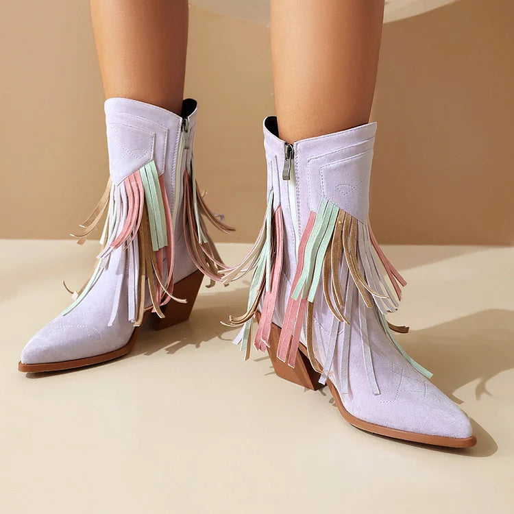 Multicolor Fringed Trim Zipper Pointed Toe Chunky Heel Western Boots