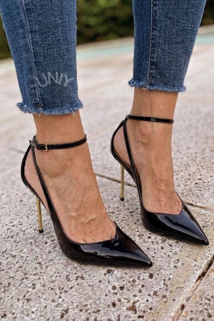 Elegant Black V-Cut Pointed Toe Ankle Strap Stiletto Heels [Pre Order]