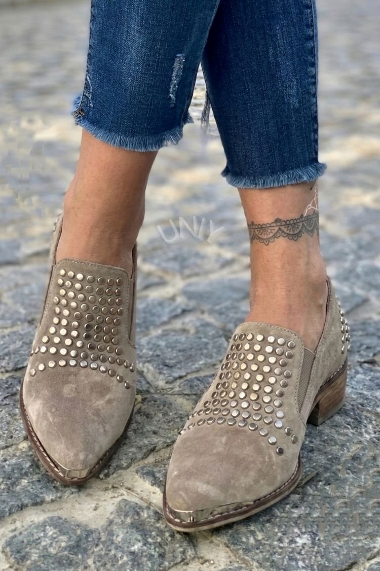 Grey Studded Pointed Toe Metallic Tip Mid Heels [Pre Order]