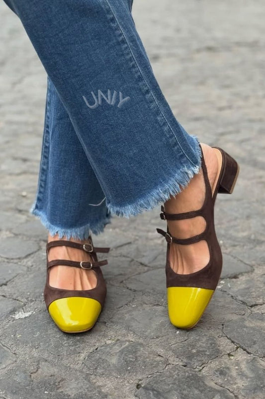 Stylish Brown Yellow Contrast Toe Double Strap Slingback Flats [Pre Order]