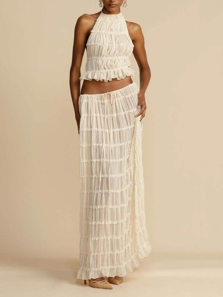 Charm Pleated Drawstring Waist Tiered Maxi Skirt set