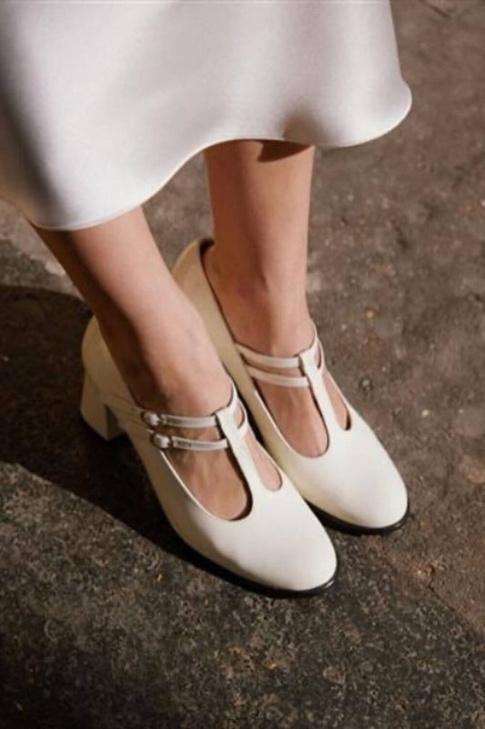 Cream T-Bar Double Buckle Vintage Block Heels [Pre Order]