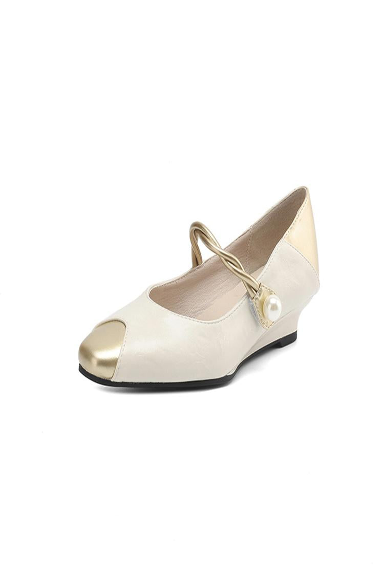 Scarpe con tacco basso, punta quadrata, fibbia con cinturino intrecciato e patchwork metallizzato lucido