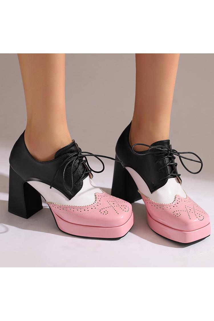 Scarpe con tacco grosso e plateau con lacci e punta quadrata in patchwork colorblock 